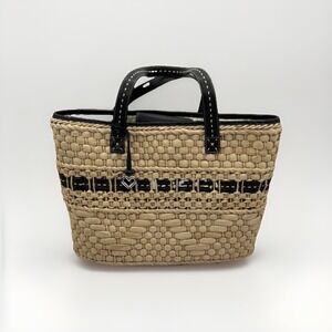 Brighton Woven Raffia Tote Bag Black Leather Trim Floral Lining Summer Purse‎